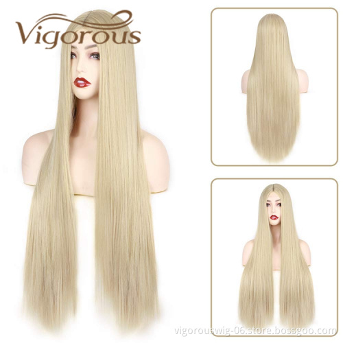 Vigorous High Quality Cheap Price Long Silky Straight Wave Blonde Middle Part Cosplay For Black Women Synthetic Hair Wigs